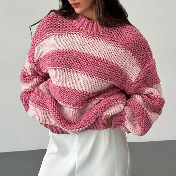 Pink Casual Women's Chunky Knit Contrast Color Lovely Crew Neck Warm Sweater - Picture 5 of 7